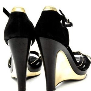 Fendi Black Metallic Suede Wedge Sandals